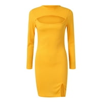 Žene sa dugim rukavima sweef džemper haljine Fall Party Club Mini haljina čvrsta boja šupljine pletene strane Slit Yellow Sizem