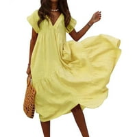 Cleance Summer Haljine za žene dugački a-linijski kratki rukav Ležeran sa V-izrezom Odmor sa čvrstom haljinom Žuta l