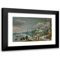 Daniel van Heil Crni moderni uokvireni muzej umjetnički print pod nazivom - Zimski gradić sa figurama klizanje na smrznutu rijeku