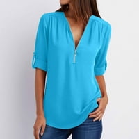 Jjayotai Women Plus Veličina Vrhunska klirensa Ženske ljetne majice s dugim rukavima Zip Ležerne prilike TUNIC V-izrez Bluze za bluzu za bluzu Vruća za blube