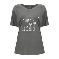 Bazyrey Womens V-izrez Ženski kratki rukav Graphic Prints Pulover Ležerne košulje Tunnic Grey L