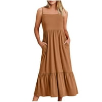 Žene Duljina čvrstog gležnja Maxi bez rukava modna ljetna okrugla dekolteška haljina kavana 2xl
