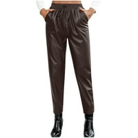 Kožne hlače za žene elastične strukske vučne struke ravno hlače za noge casual solidne salonske pantalone s džepovima dame odjeću