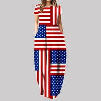 Yuwull Dan nezavisnosti Ljetne haljine za žene 4. srpnja haljina ženska casual maxi haljina pruga kratkih rukava američka zastava tiska duga haljina plus haljina