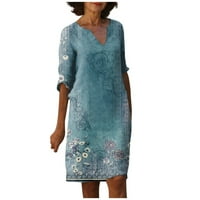 APEPAL ženske casual vintage midi haljine V vrat pola rukave labave haljine koljena haljina s džepovima plava 3xl