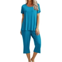 Ženska solidna boja okrugla vrata kratkih rukava i hlače, postavljaju loungewear pidžame sa džepovima
