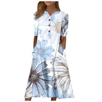 Ljetne haljine cvjetni V-izrez A-line dužine koljena vruća prodaja haljina s kratkim rukavima za ženske haljine na klirensu svijetlo plava 2xl