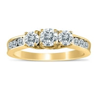1.00ctw dijamant tri kamenog prstena sa bočnim kamenjem u 10k žutom zlatu
