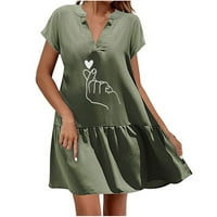 Ženske haljine Ležerne haljine kratki rukav V-izrez Pamuk posteljina Swing kratka suknja Slatka haljina pokloni za mamu zelena l