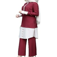 Pfysire Women Musliman Abaya IslamIc odijelo dugih rukava na vrhu širine hlače za noge vino crveno m