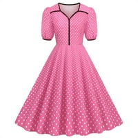 Ženska 1950-ih retro rockabilly haljina kratki puff rukavac V-izrez Polka tat a-line swing haljina za čaj vintage koktel haljine ružičasti xxl
