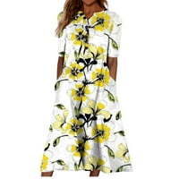 Tking Fashion Ženska ljetna casual boho ispisana labava majica haljina kratki rukav V-izrez midi haljine žuti l