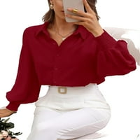 Ženska bluza Ležerna ravnica ovratnik na dugih rukava s dugim rukavima, prednji crveni s