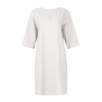 Ženska haljina ljeto retro pune boje pamučna posteljina V-izrez pola rukave haljina, bijela, xl