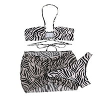 Hoanselay Žene Ljetni bikini, viseći izrez BRA + suknja za crtanje + Zebra Print Thong