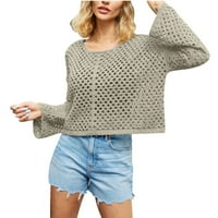 Izdubljeni kratki džemper ženski okrugli vrat dugih rukava utropljeni pulover vrhovi solidne boje Smock
