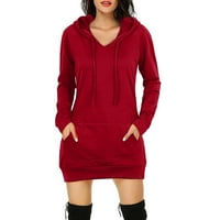 Haljine za žene Ženska pomaka kratki čvrsti dugi rukav V-izrez Džepne haljine Crveni XXL
