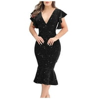 Ženske oblače V-izrez Čvrsta haljina s kratkim rukavima Srednja dužina surplicija haljina crna l