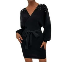 Ženska mini haljina u obliku karoserije u Ruched Bodycon Solid boja V-izrez Elegantna haljina crna veličina