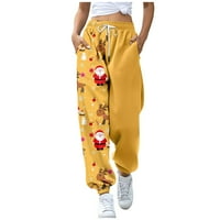 Ženski božićni print casual hlače nacrtavanje elastičnih struka vučne hlače sa džepovima žutom m