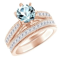 Simulirani plavi akvamarin i bijeli prirodni dijamantski vjenčani prsten u 14k ružičastog zlata sa veličinom