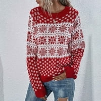 Olyvenn Božićni pahuljica Ispiši pletene kratke džempere za žene labave ležerne ženske modne dugih rukava Crew Crt Trend modne dame džempere vrhovi bluza za slobodno vrijeme crvene s
