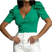 Kakina s ženskim vrhovima Clearence Solid V-izrez Kratki rukav Labavi majica Pulover Plus Veličina Ljetni vrhovi Green, XL