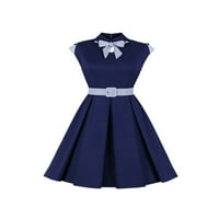 Eleluny Women Retro Bowknot Midi haljina kratki rukav Ležerne haljine za ljuljanje A-line Blue S