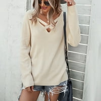 Ženski džemper za boho estetski džemper izbija pulover dugih rukava s V-izrezom bijeli s