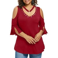 Rollbacks Womens Ljetni vrhovi V-izrez hladnog ramena majica tinejdžera modna odjeća prorez kratki rukav casual comfy pulover vrhove čvrste labave košulje za žene crvene xl