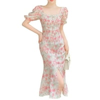 Ženski ljetni kvadratni vrat kratki puff rukav puni u boji visoki struk casual pucana Flowy Line haljina Ženska ljetna haljina - XL