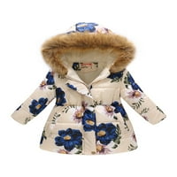 Noilla djevojke kaput dugih rukava s kapuljačom izvući se na kapuljač na kapuljaču za toplu jaknu cvjetni print puffer kaputi Bež plavi cvijet