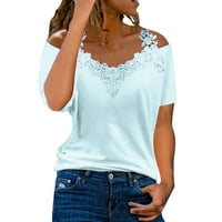 Košulje za žene pamučne čipke Čvrsta kratkih rukava casual bluza Ženske vrhove plavi xxl
