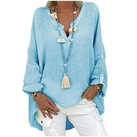 Puawkoer majica casual ženska bluza sa čvrstim vrhom V izrez labavi size rukav plus duga boja Ženska bluza Žene plave boje