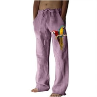 Muške pamučne posteljine jogger manžetne hlače Ljeto popust Udobnoj prodaji Paparot Ispis elastičnih struka vuče za dječake Casual Loose Workout Sports Fashion Purple XXXL