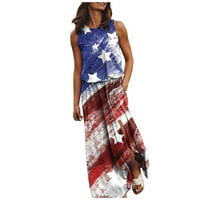 Dan nezavisnosti Ljetna haljina Žene O-izrez bez rukava s boemskim stilom Strana Strit Beach Maxi Sunderss plave_ XL