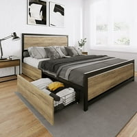 Kraljevska krevetna okvir sa XL ladicama za odlaganje, metalna platforma za platformu sa drvenim uzglavljem