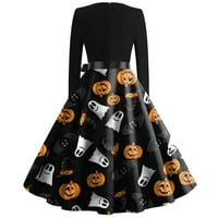 Goth stalna odjeća Halloween Print Flare haljina za žene Dugih rukava Party Casures Christmas Narančasta