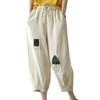 Ženske pamučne posteljine harem hlača elastična struka navodnice široke nogave hlače bahačke kaprisu hlače sa džepovima