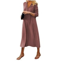 HHEI_K Ljetne haljine Ženska tiskana V izrez Lose Dresst Solid Boja Etničko stil Ležerne haljine s dugim