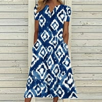Maxi haljine za žene casual casual bages print modni kratki rukav V izrez dugačka haljina plava 14