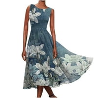 Maxi haljina za žene vintage cvjetni print ljetni bez rukava scoop vrat Boho Flowy Dužina gležnja duge haljine