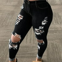 Ženske traperice Mid Rid Ript Traperice Stretch Sjajno krade Ženske zakrivljene mršave Jeans Crni S-6XL
