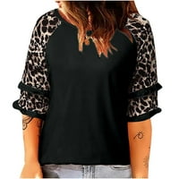 Ženske jesene modne bluze trendi labavi fit casual majice Tunika Leopard patchwork pola rukava okrugli izrez Loops crna s