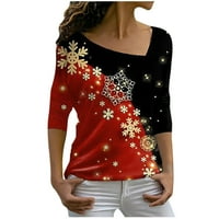 Rollback božićne košulje za žene Dugih rukava Tunički uzorak Ispis Casual Skew V-izrez Božićne grafičke grafičke tiskane košulje bluza crna m