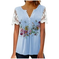 Ženski vrhovi kratkih rukava odštampana bluza Ležerne prilike za žene Ljeto V-izrez T-majice Tuničke majice Plava 3xl