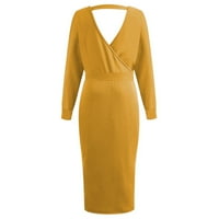 TIQKATYCK haljine za žene Ženska modna pletena dugi rukavi V-izrez Wrap topla džemper haljina ženske haljine žute