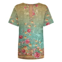 Bazyrey Womens Ljetni vrhovi cvjetna tiskana bluza Žena Henley Trendy s kratkim rukavima Labavi tunici T-majice Green 2xL