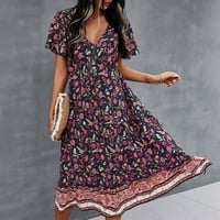 Clearsance Ljetne haljine za žene kratki rukav cvjetni modni moda Srednja dužina A-line V-izreznu haljinu ljubičaste s
