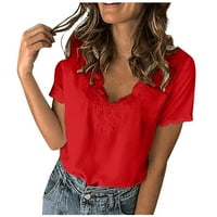 Modne ženske ležerne čvrste vezenje V-izrez kratkih rukava majica majica bluza crvena l